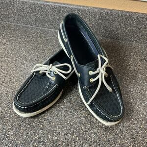 Sperry 2-Eye Boat Shoe Blue Woven Leather Women 9.5M Loafer Slip On Comfort Flat